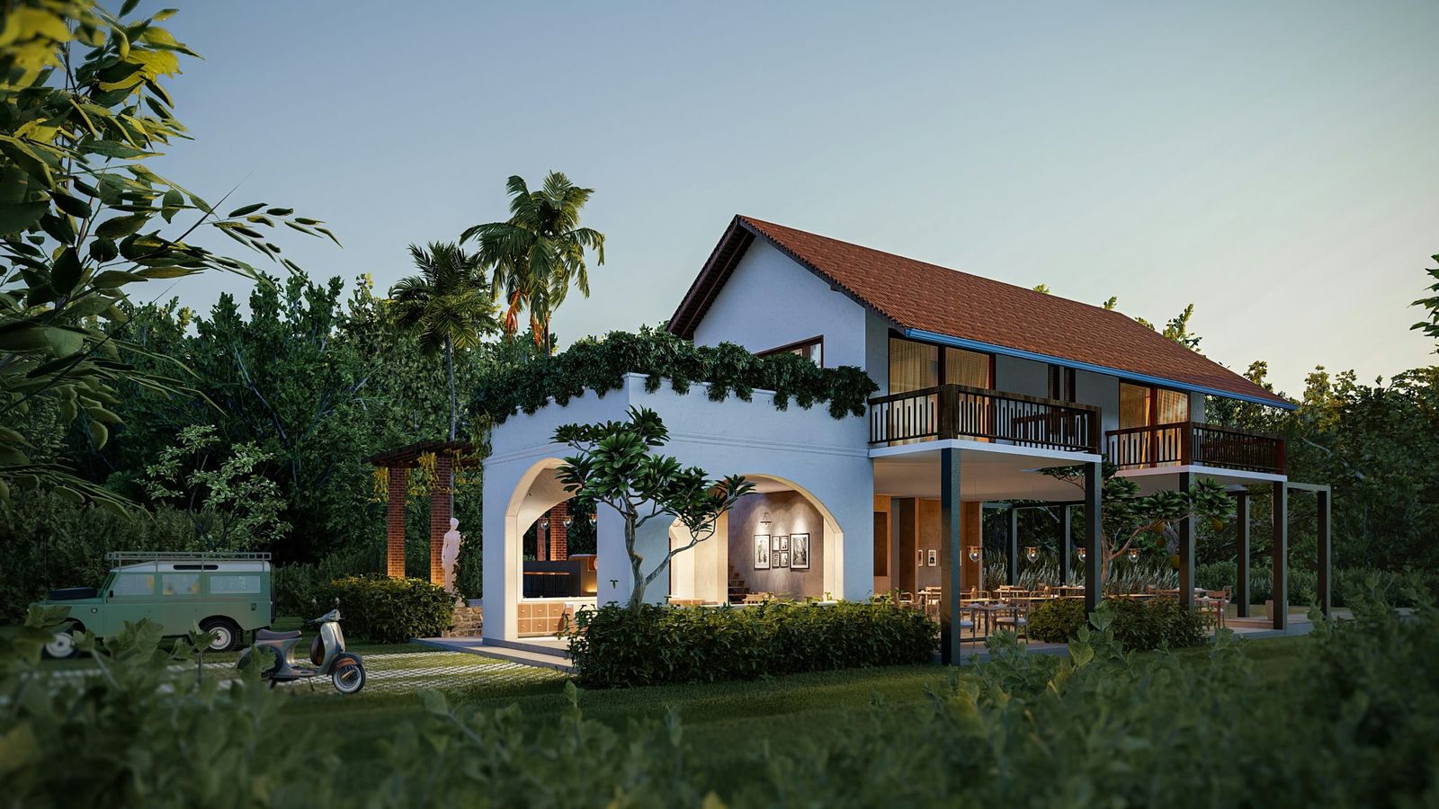 Moradia mediterrânica ao entardecer, com luz quente nas janelas e jardim.