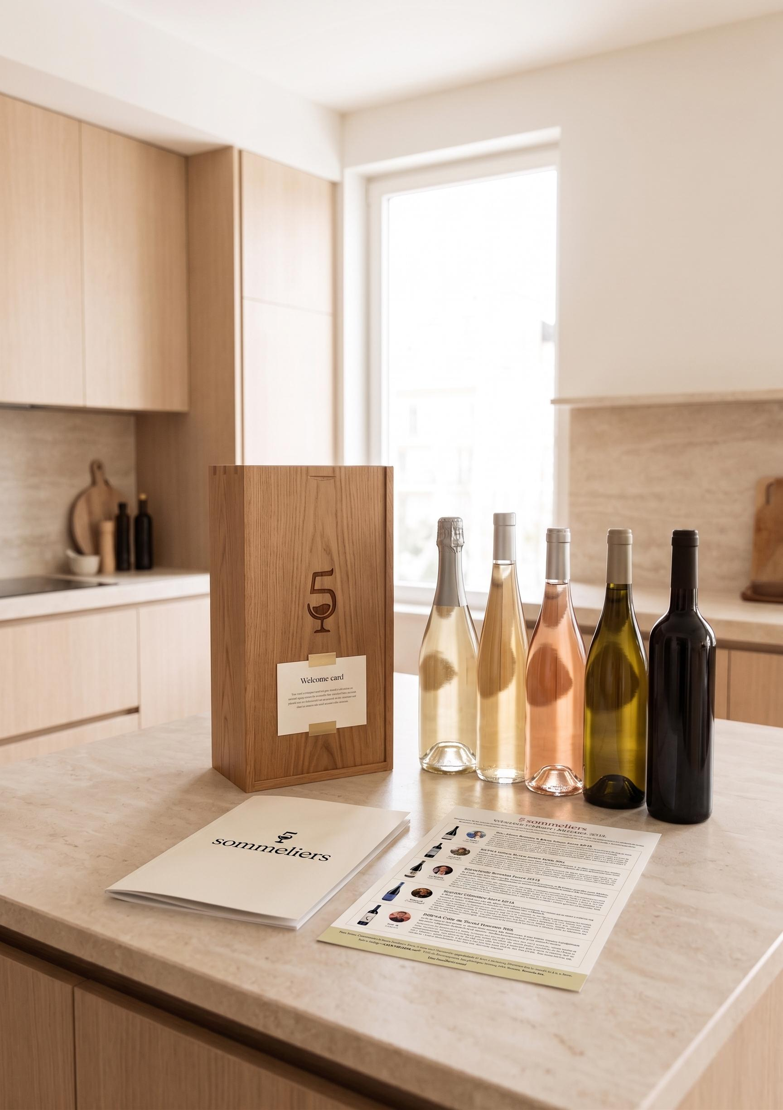 Welcome pack 5 Sommeliers disposto numa bancada de cozinha de uma casa moderna.